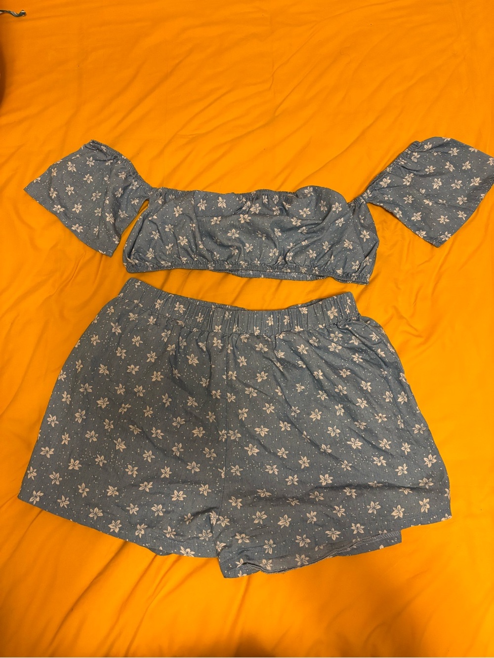 SHEIN Light Blue Floral Off-Shoulder Crop Top & Elastic Shorts Set